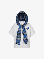 Detachable Badge Hooded Plaid Cape T-shirt