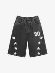 Distressed Washed Star-print Denim Jort