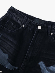 Distressed Dove-print Denim Jort