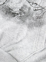 Detachable Fur Collar Half-zip Printed Hooded Cardigan Sweatshirt