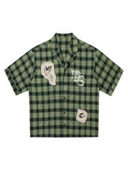 Plaid Applique Printed Short Sleeve Shirt - 2463