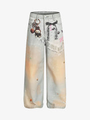 Retro 3D Fun Doll Print Washed Baggy Jeans