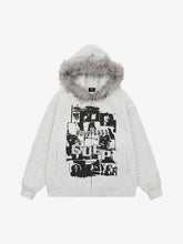 Retro Collar Print Zip-Up Fur Hooded Sweatshirt