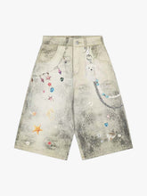 3D Printed Metal Chain Pattern Washed Denim Shorts