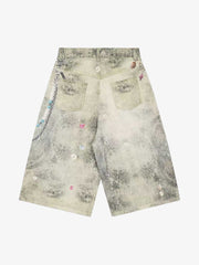 3D Printed Metal Chain Pattern Washed Denim Shorts