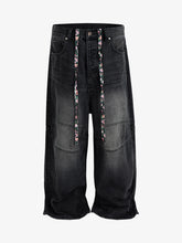 Distressed Drawstring Knee-Length Washed Baggy Jeans