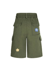 Retro Floral Embroidered Pleated Multi-Pocket Cargo Jorts