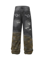Distressed Camouflage Patchwork Jeans