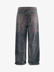 Retro High street Washed 3D Chain Printed Jeans