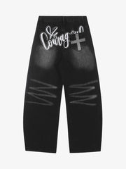 Vintage Embroidered Cross Washed Scimitar Jeans