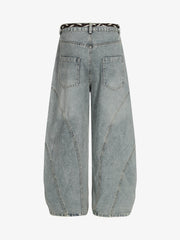Retro Patchwork Belt Decorated Barrel Jeans