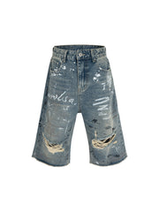 Ripped Hand-Painted Graffiti Ripped Jorts