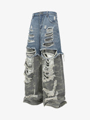 Camouflage Patchwork Ripped Cargo Jeans - 2452