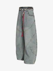 Retro Patchwork Belt Decorated Barrel Jeans