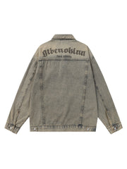 Washed Vintage Letter Print Denim Jacket