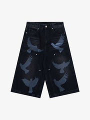 Distressed Dove-print Denim Jort
