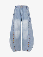 Button Embroidered Barrel Jeans