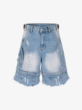 Ripped Washed Tassel Cargo Denim Shorts