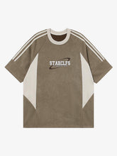 Suede Contrast Color Spliced Letter Embroidery Oversize T-shirt - 2462