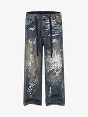 Print Hand-Painted Graffiti Drawstring Baggy Jeans