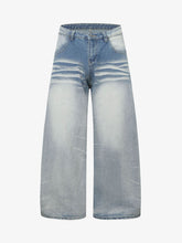 Distressed Washed Whisker Pleated Barrel Jeans
