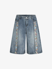 Embroidered Floral Culottes Denim Jorts