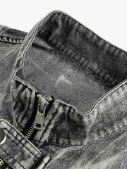 Thesupermade Hip-hop Distressed Washed Printed Denim Jacket - 2239