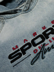 Embroidered Washed Distressed Denim Hoodie