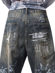Print Hand-Painted Graffiti Drawstring Baggy Jeans
