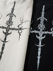 Heavy Cotton Washed Cross Shield Print T-shirt