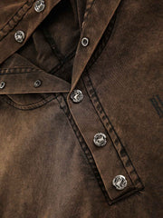 Distressed Washed Rivet Hooded Denim Sweatshirt