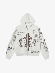 Street Retro Cat Graffiti Hooded Zipper Sweatshirt