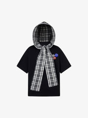 Detachable Badge Hooded Plaid Cape T-shirt