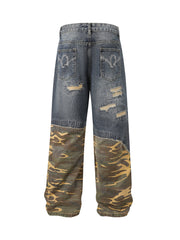 Distressed Camouflage Patchwork Jeans