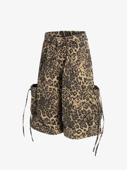 Retro Cheetah Print Pocket Drawstring Cropped Jorts