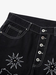 Heavy Contrast Thread Embroidered Multi-button Jeans