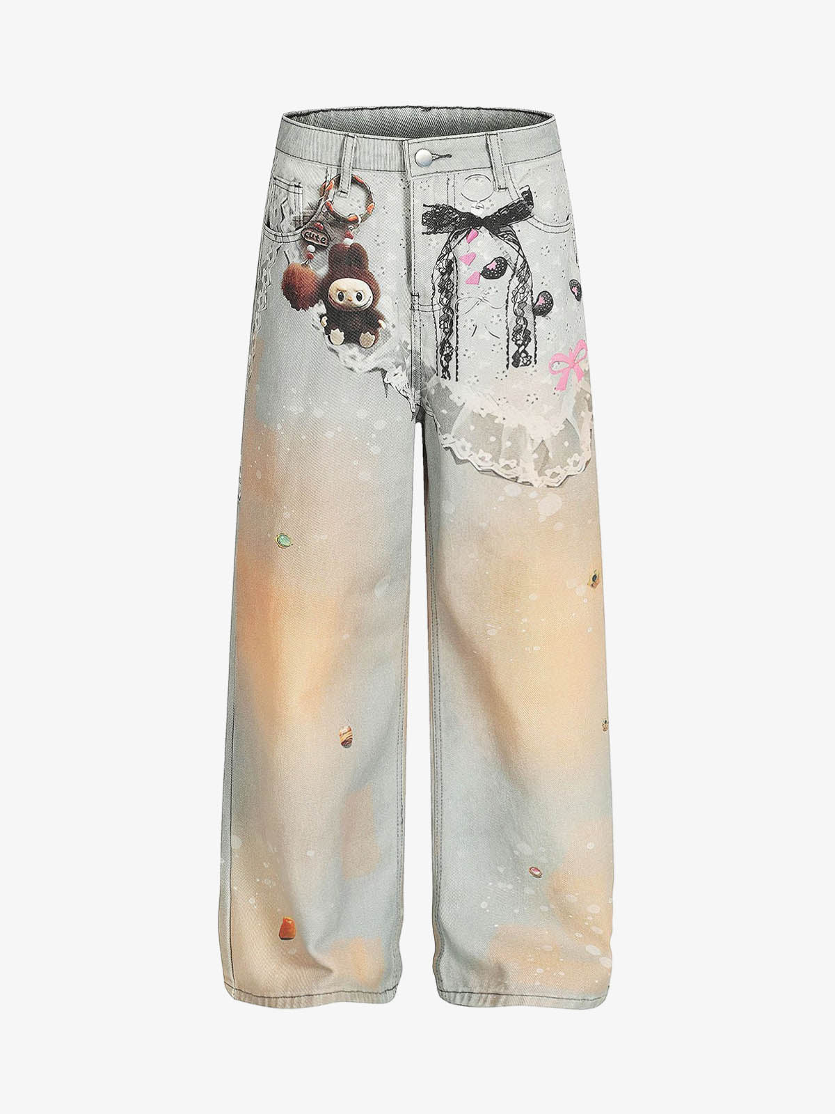 Retro 3D Fun Doll Print Washed Baggy Jeans