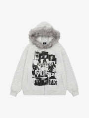 Retro Collar Print Zip-Up Fur Hooded Sweatshirt