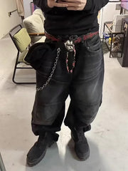 Distressed Drawstring Knee-Length Washed Baggy Jeans