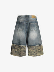 Camouflage Hem Patchwork Denim Shorts