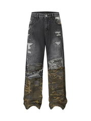 Distressed Camouflage Patchwork Jeans