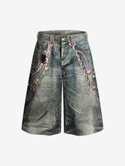 Vintage Printed Washed Denim Shorts