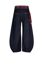 Washed Plaid Belt Barrel Jeans