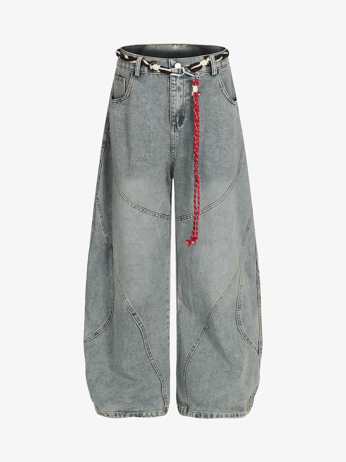 Retro Patchwork Belt Decorated Barrel Jeans