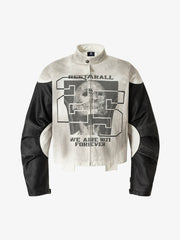 Skull Print Paneled Stand-up Collar Leather Jacket