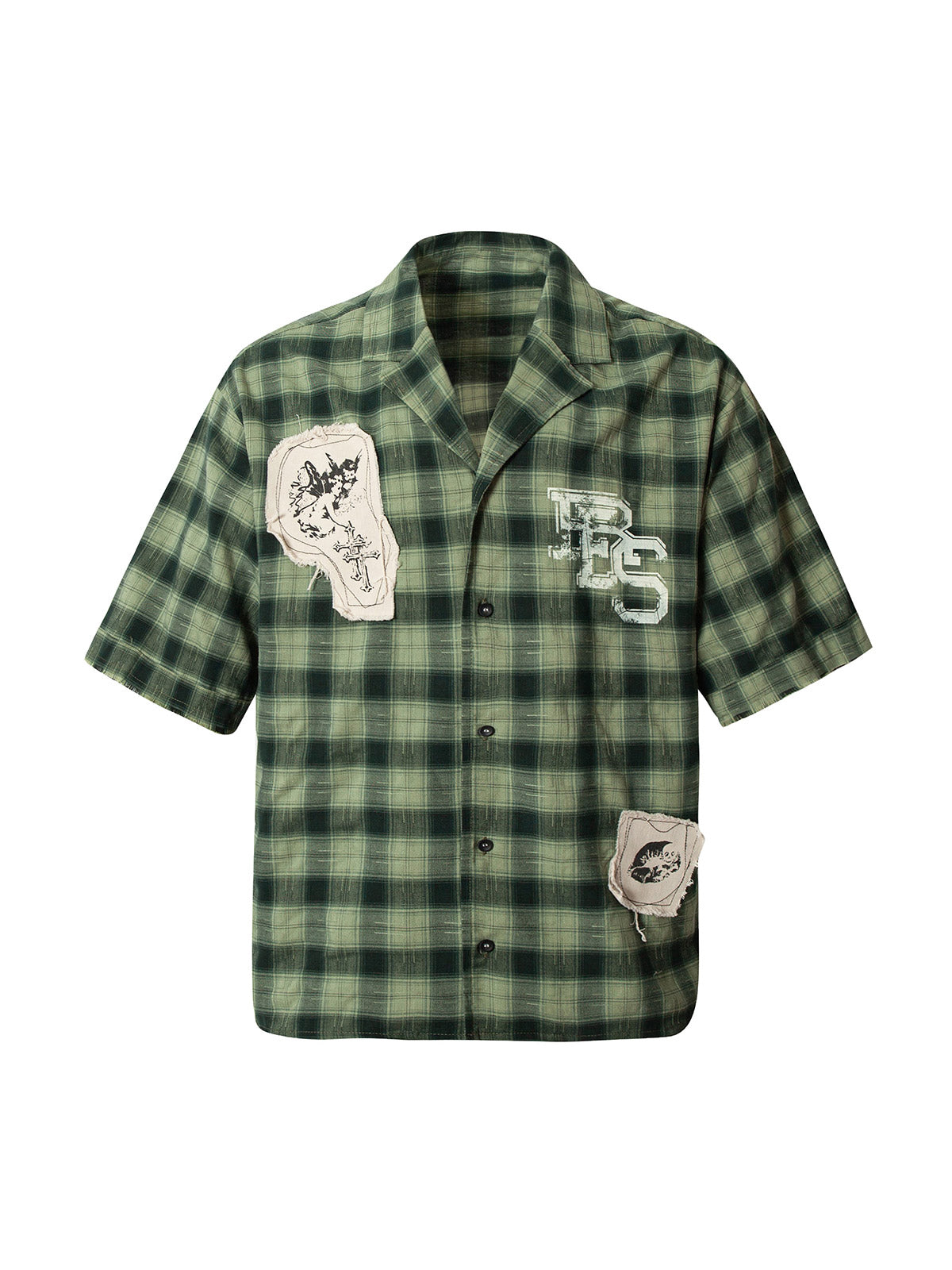 Plaid Applique Printed Short Sleeve Shirt - 2463