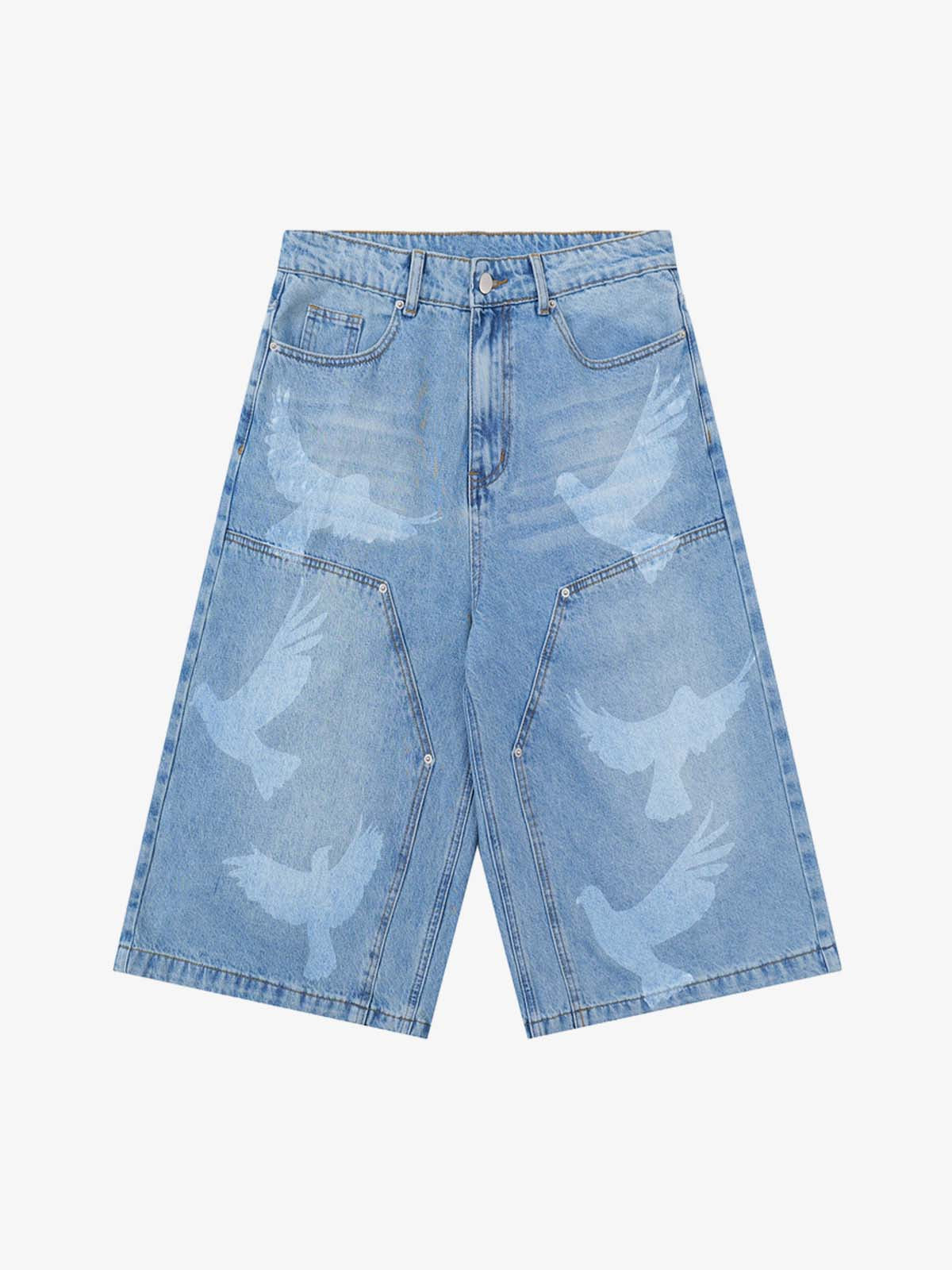 Distressed Dove-print Denim Jort