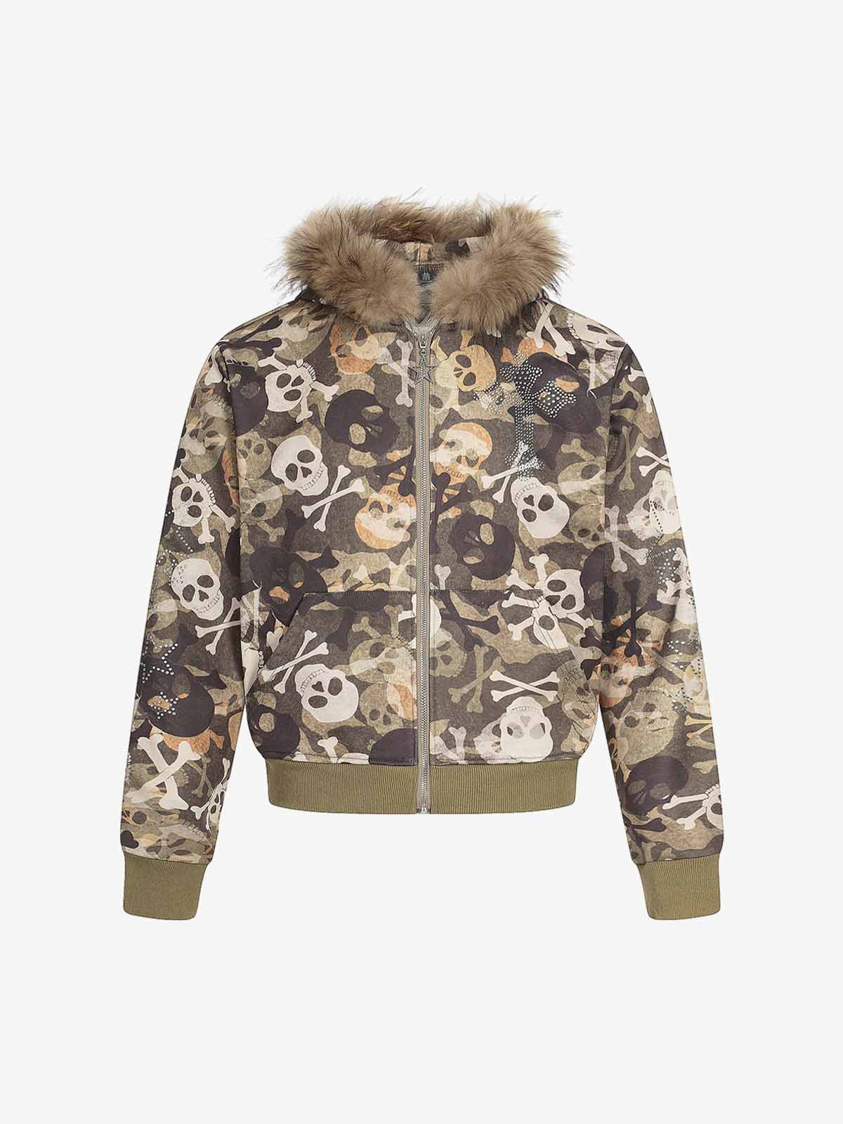 Skull Camouflage Fur Collar Hot Diamond Hooded Jacket