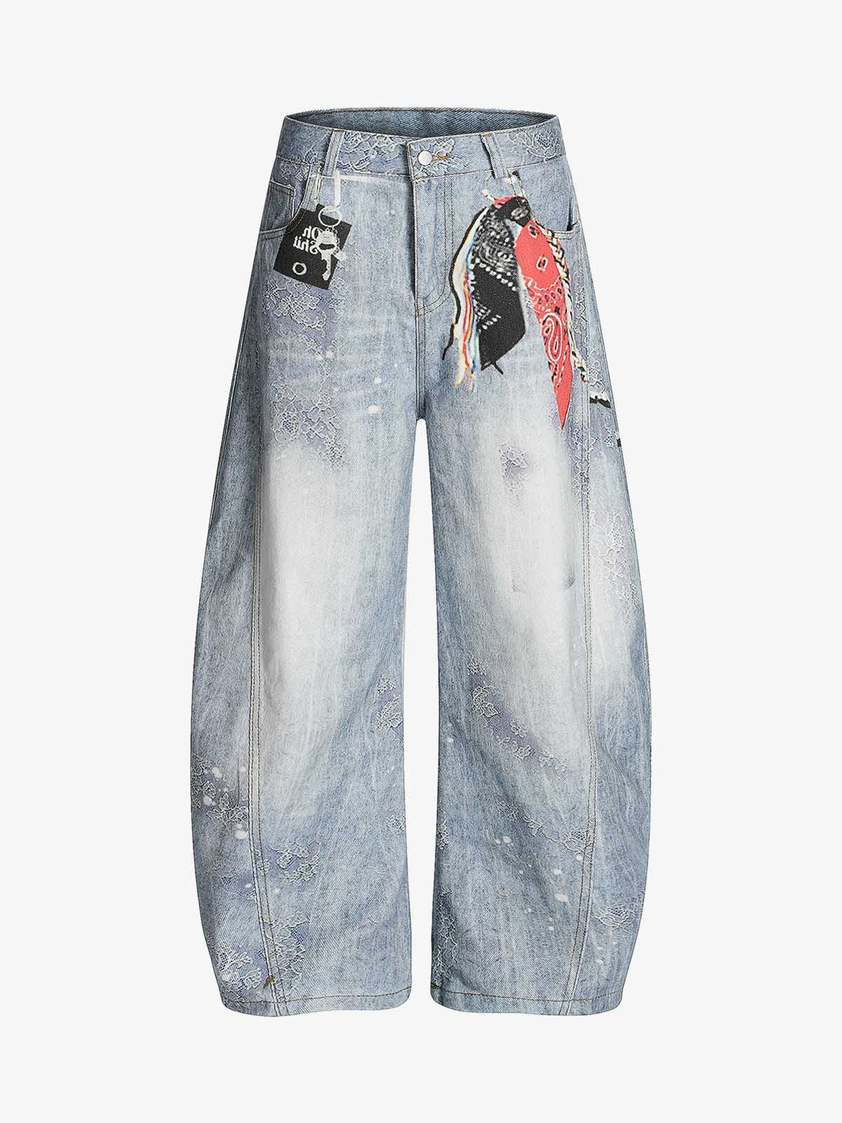 Ribbon Print Scimitar Wide-Leg Jeans