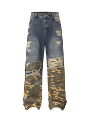 Distressed Camouflage Patchwork Jeans